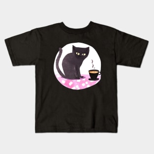 Cute Watercolor Coffee Cup and Black Cat Kids T-Shirt